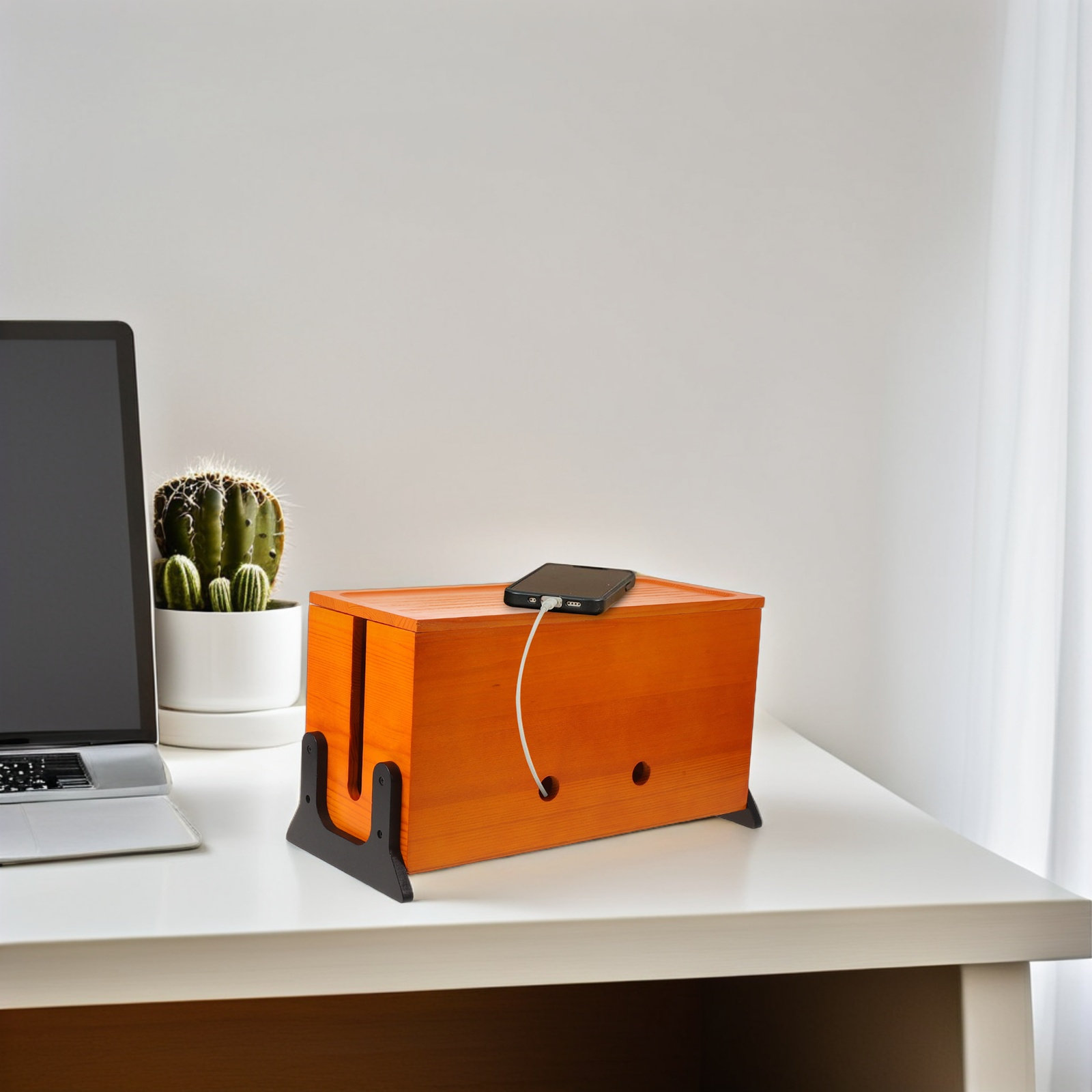 Power Strip Desk - Wood Desk Cord Organizer Box Wooden