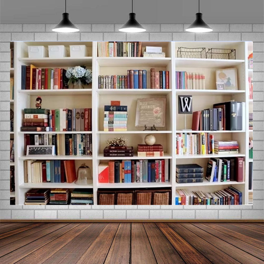 Home Office Background For Zoom - White Bookshelf Photography Backdrop Bookcase Banner