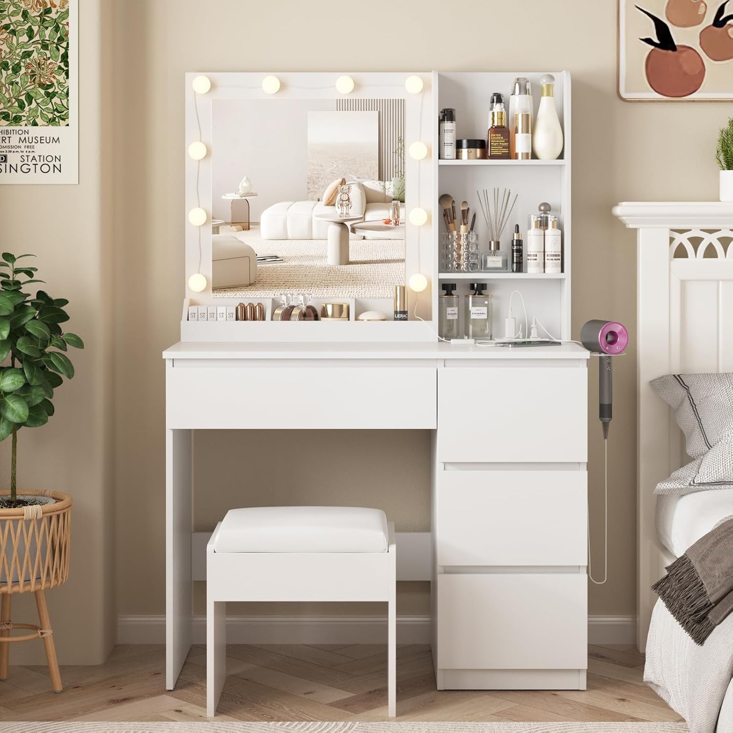 Power Strip Desk - Makeup Vanity Desk Set with Mirror
