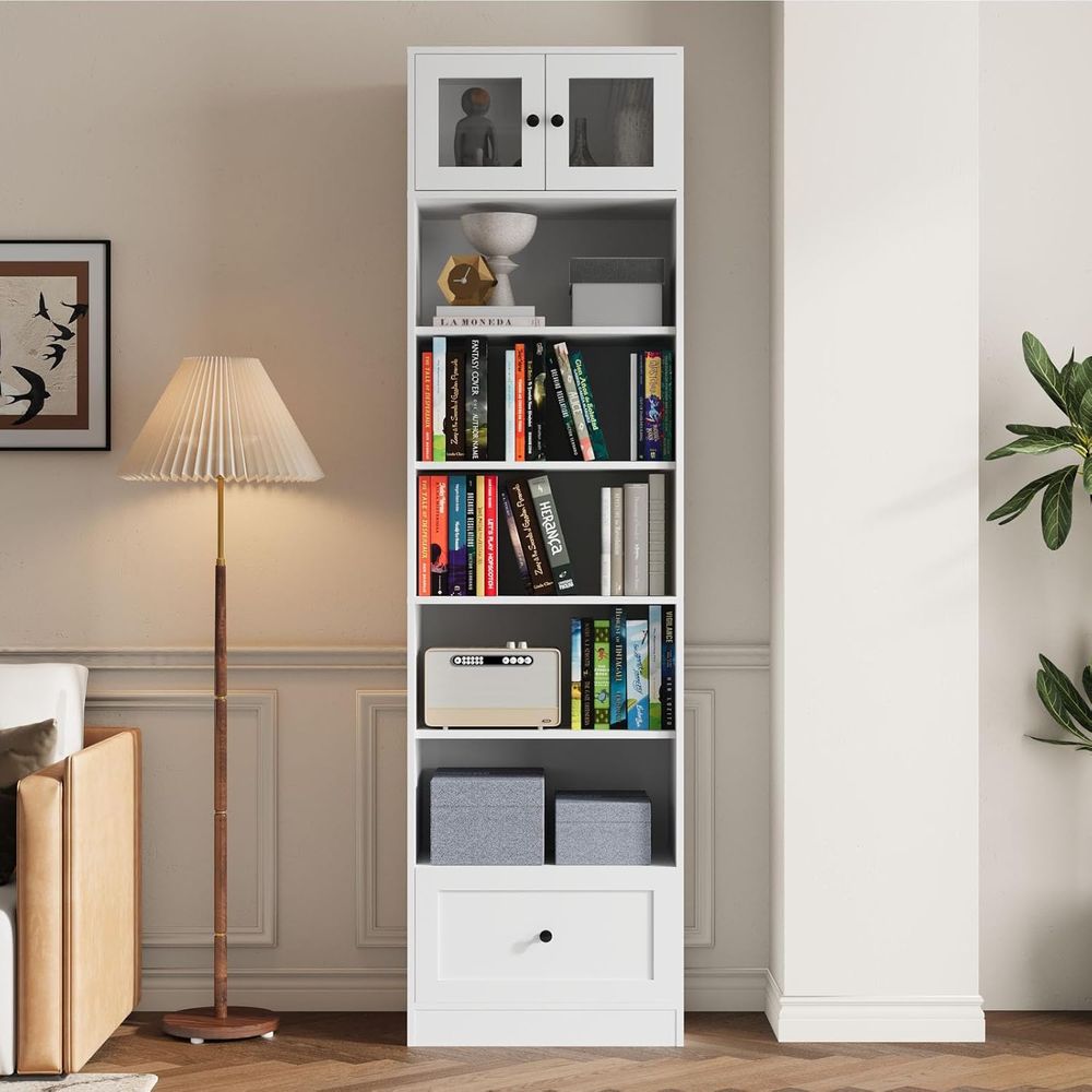 Home Office In Living Room - 7-Tier Glass Door Bookcase, 85.5 Tall,